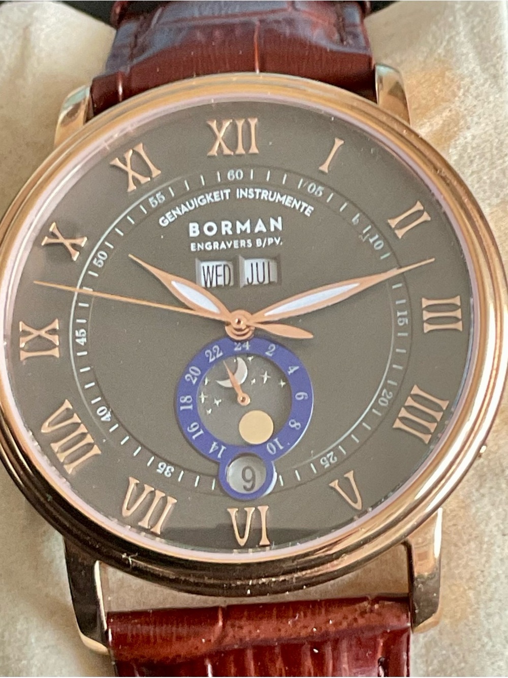 Mint Automatic Rose Gold Borman Triple Date Sun/Moon Watch Original Box/Manual